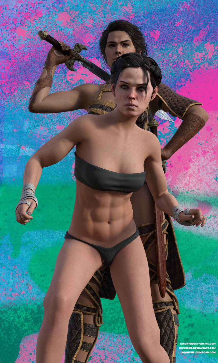 2girls 3d abs assassin's_creed_(series) assassin's_creed_odyssey assassin's_creed_syndicate black_hair black_panties daz_studio evie_frye female_only kassandra multiple_girls panties stjude90 sword underwear weapon