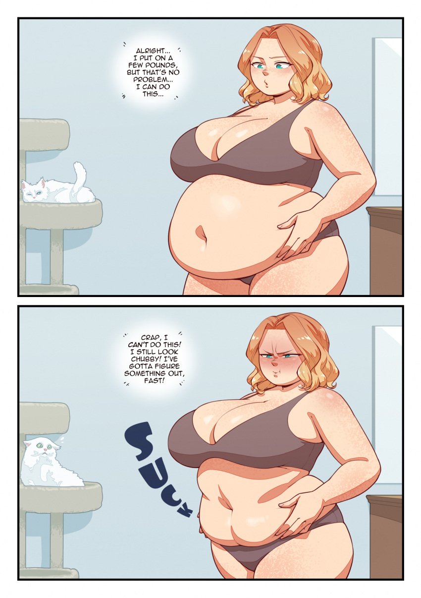 bernard_(better_with_salt) better_with_salt big_belly big_thighs blonde_female blonde_hair blue_eyes bra chubby chubby_female comic comic_page fat_female fat_fetish feline freckles hand_on_belly lingerie overweight overweight_female weight_gain