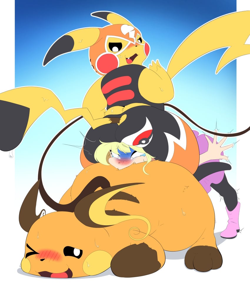 2025 absurd_res ambiguous_gender ass between_butts big_butt black_body black_fur blonde_hair blush bodily_fluids breppy brown_body brown_fur clothing cosplay_pikachu_(costume) digital_media_(artwork) dipstick_ears dipstick_tail ear_markings female feral fur generation_1_pokemon group hair hi_res human mammal markings multicolored_ears nintendo orange_body orange_fur pikachu pikachu_libre pokemon pokemon_(species) raichu stinkface tail tail_markings tears trio yellow_body yellow_fur