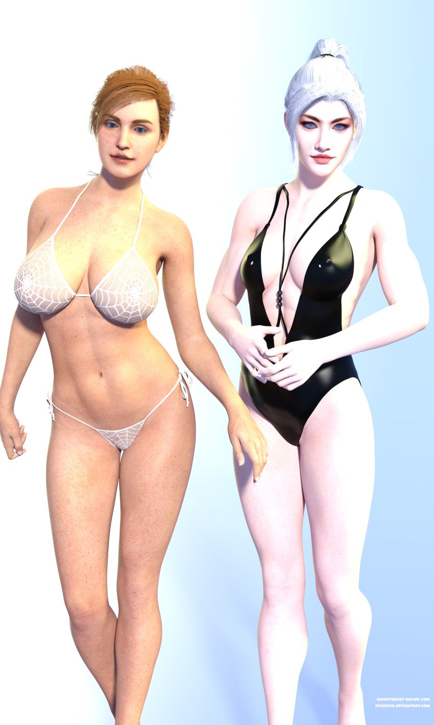 2girls 3d bikini black_cat black_one-piece_swimsuit marvel_comics mary_jane_watson multiple_girls one-piece_swimsuit spider-man_(series) stjude90 swimsuit white_bikini white_hair