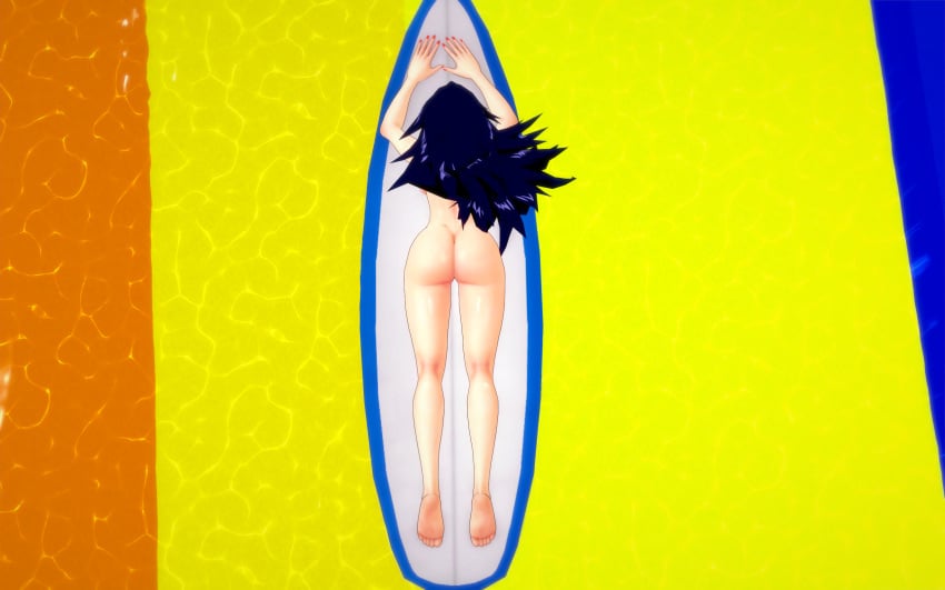 1girls ass barefoot black_hair breasts completely_nude completely_nude_female female female_only koikatsu long_hair midnight_(my_hero_academia) my_hero_academia nemuri_kayama nude nude_female public_nudity rear_focus rear_view retropunch solo surfboard symmetrical_docking very_long_hair water_park