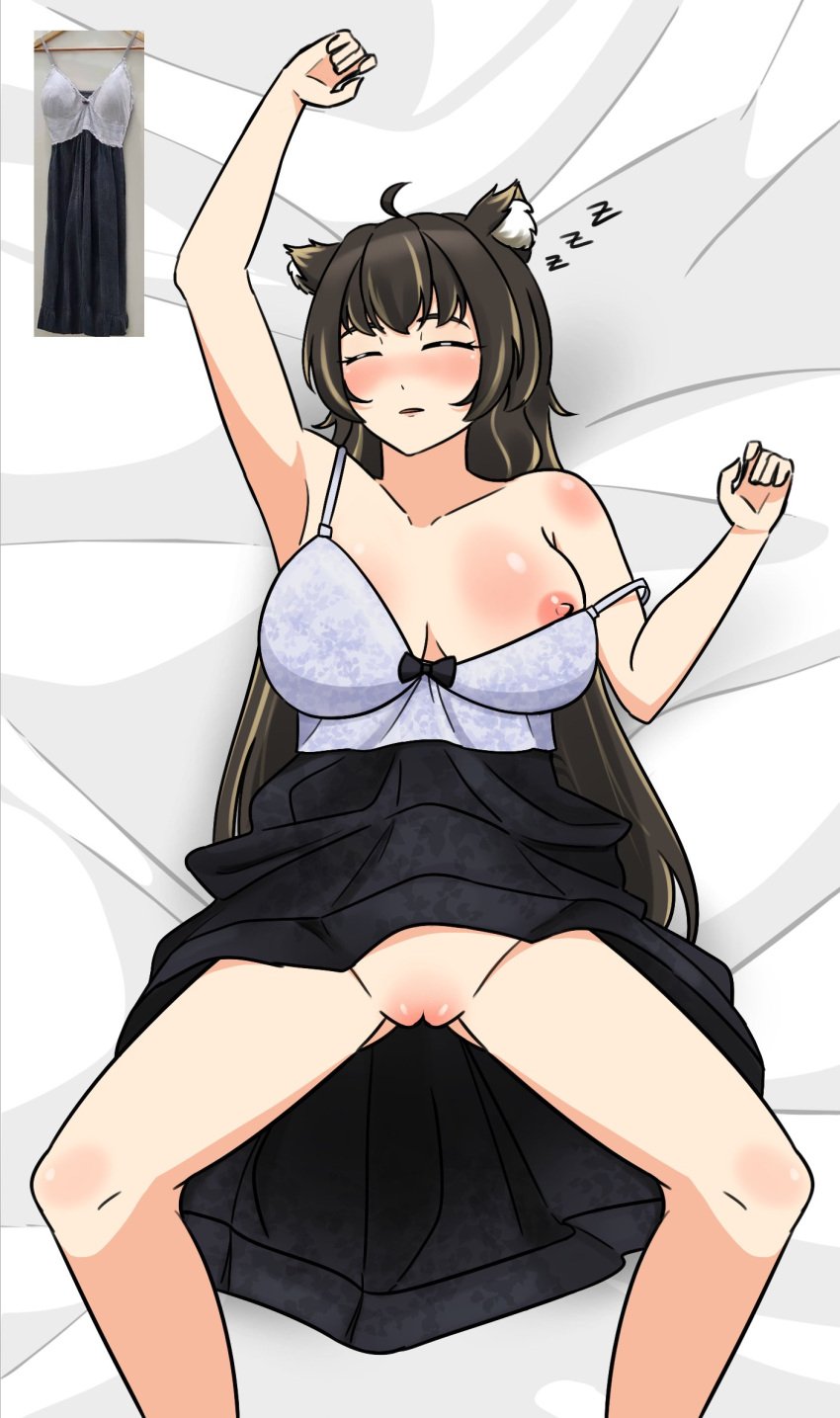 ahoge armpits bed_sheet black_ribbon breasts brown_hair buttcheeks half-dressed half_naked kensou!! legs_spread long_hair long_skirt lumky_fie lunaris_urufi on_bed one_arm_up reference_image ribbon sleeping sleepwear vagina virtual_youtuber vogi_(vtuber_company) vtuber wolf_ears wolf_girl zzz