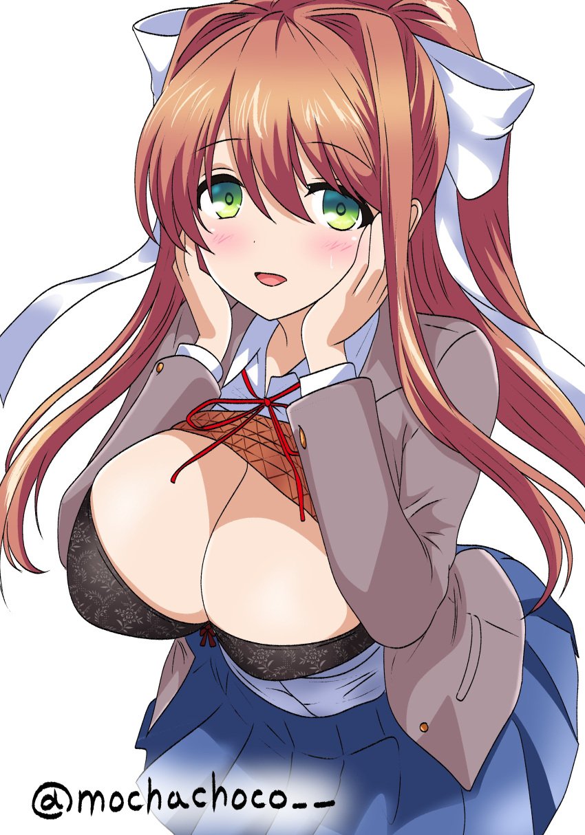 1female 1girls big_breasts black_bra blue_skirt bow bow_bra bra breasts cleavage doki_doki_literature_club female green_eyes long_hair mochachoco monika_(doki_doki_literature_club) red_bow skirt