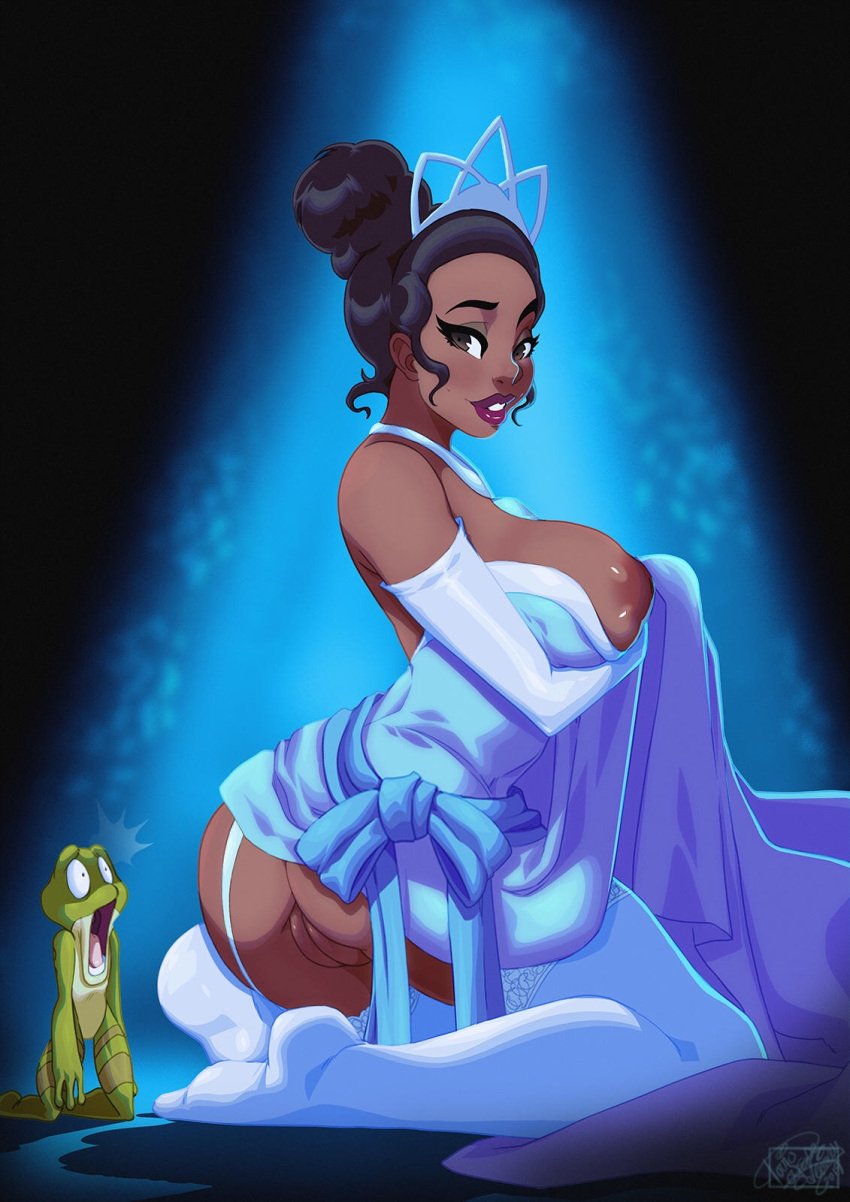 1boy 1girls areola areolae ass big_ass big_breasts blue_dress breasts bust busty curvaceous curvy dark-skinned_female dark_skin disney disney_princess dress exposed_ass exposed_breasts exposed_pussy eyelashes eyeshadow female female_focus frog gloves hair hair_bun hairbun huge_ass huge_breasts human large_ass large_breasts lips lipstick long_gloves male mouth nipples on_knees open_mouth prince prince_naveen princess pussy shocked shoulders signature stockings surprised teeth the_princess_and_the_frog tiana tiara tongue tovio_rogers vagina voluptuous water wide-eyed