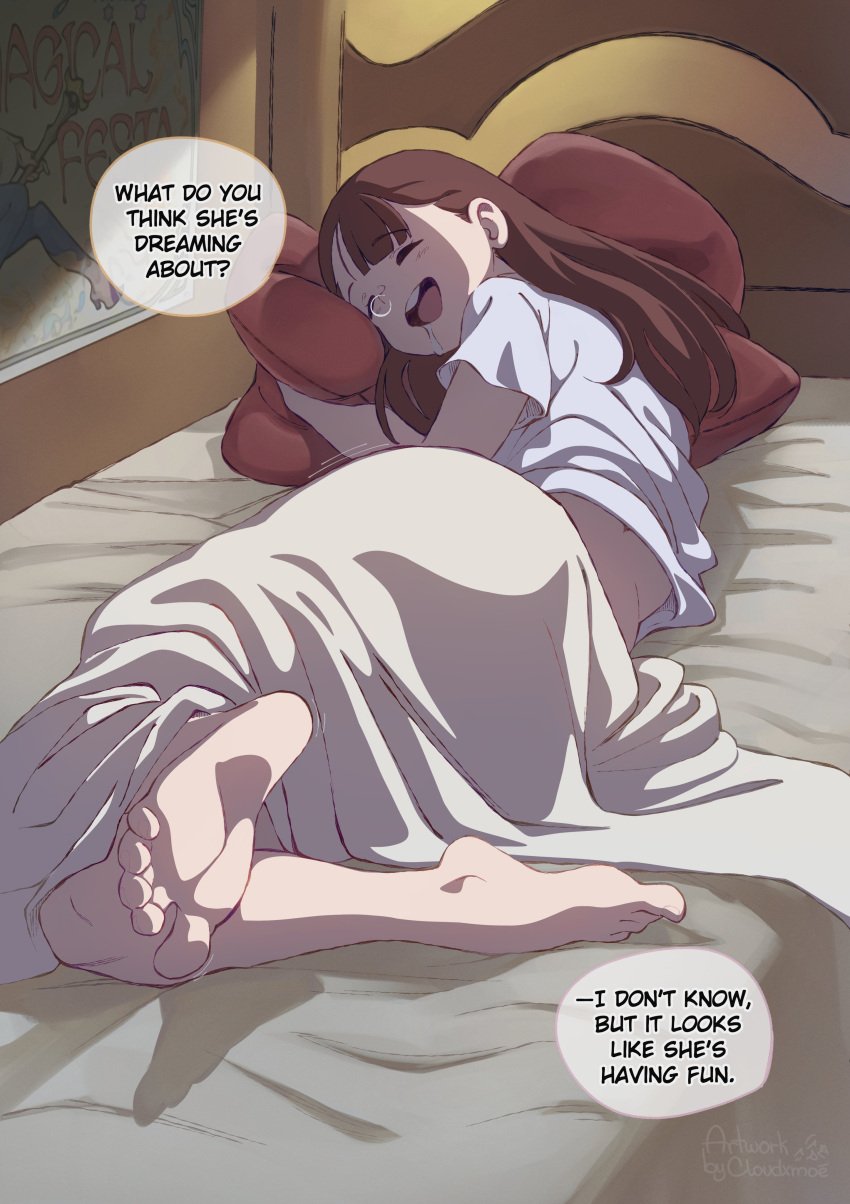 akko_kagari arched_soles artist_signature ass bangs barefoot brown_hair closed_eyes cloudxmoe cute drooling english_dialogue english_text feet fully_clothed hugging_pillow legs light-skinned_female light_skin little_witch_academia long_hair one_foot_raised open_mouth sleeping sleepwear slight_blush smile snot_bubble soles speech_bubble teeth_showing toes tongue white_sheets