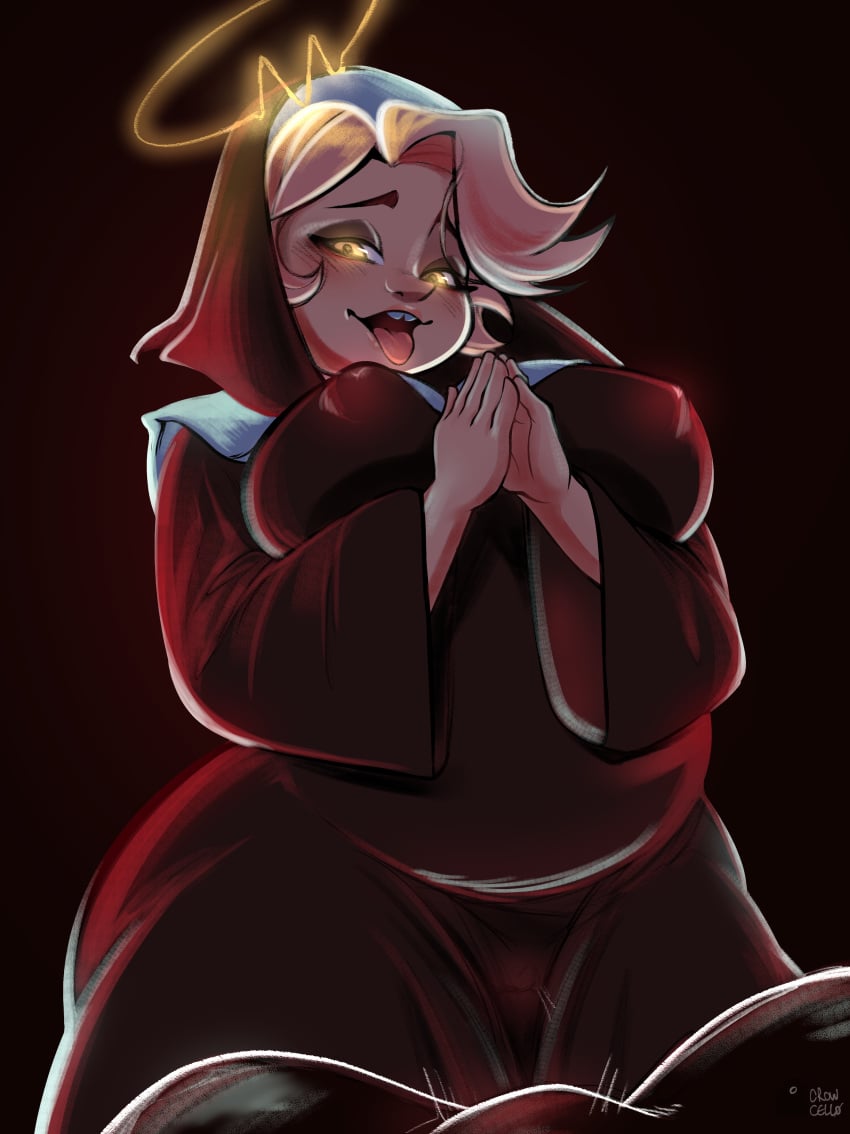 abel_(hazbin_hotel) angel blonde_hair blonde_hair chubby chubby_femboy chubby_male crowcello erect_nipples erection_under_clothes gap_teeth halo hazbin_hotel highres huge_breasts huge_nipples looking_at_viewer male nun nun_outfit offscreen_male plump_breasts plump_camel_toe plump_thighs wide_hips