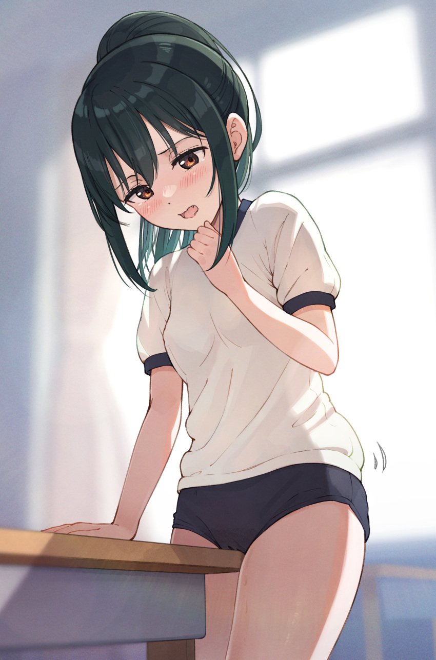 1girls absurdres alternate_hairstyle black_buruma blush breasts buruma commentary_request commission corner_masturbation crotch_rub female female_masturbation green_hair gym_uniform hand_up highres indoors looking_down love_live! love_live!_nijigasaki_high_school_idol_club masturbation masturbation_through_clothes medium_breasts medium_hair mifune_shioriko oerba_yun_fang open_mouth ponytail red_eyes shirt short_sleeves sidelocks skeb_commission solo standing table_humping tata_(tataice) upper_body white_shirt