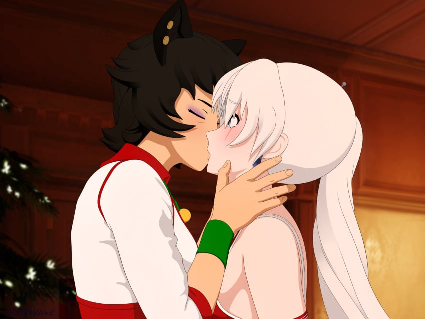 black_hair christmas christmas_outfit christmas_tree holidays kali_belladonna kissing milf necromalock rwby tagme weiss_schnee white_hair