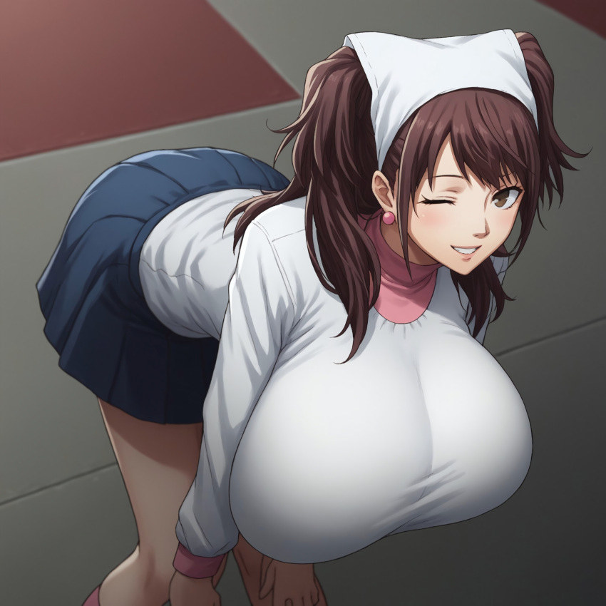 ai_generated civitai huge_breasts kujikawa_rise leaning_forward persona persona_4 skirt smile twintails wink