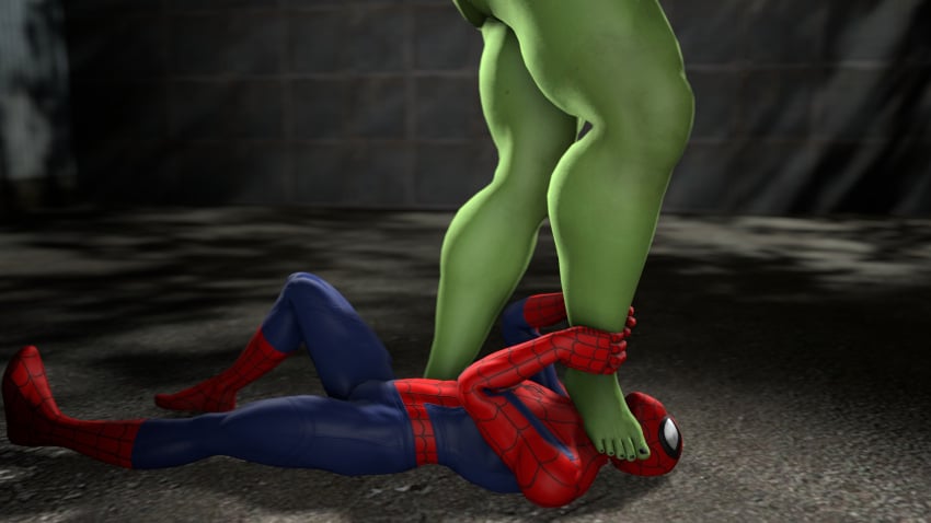 blueaurora3 blueaurorasfm femdom humiliation marvel marvel_comics naked_female she-hulk spider-man spider-man_(series) stepping_on_head