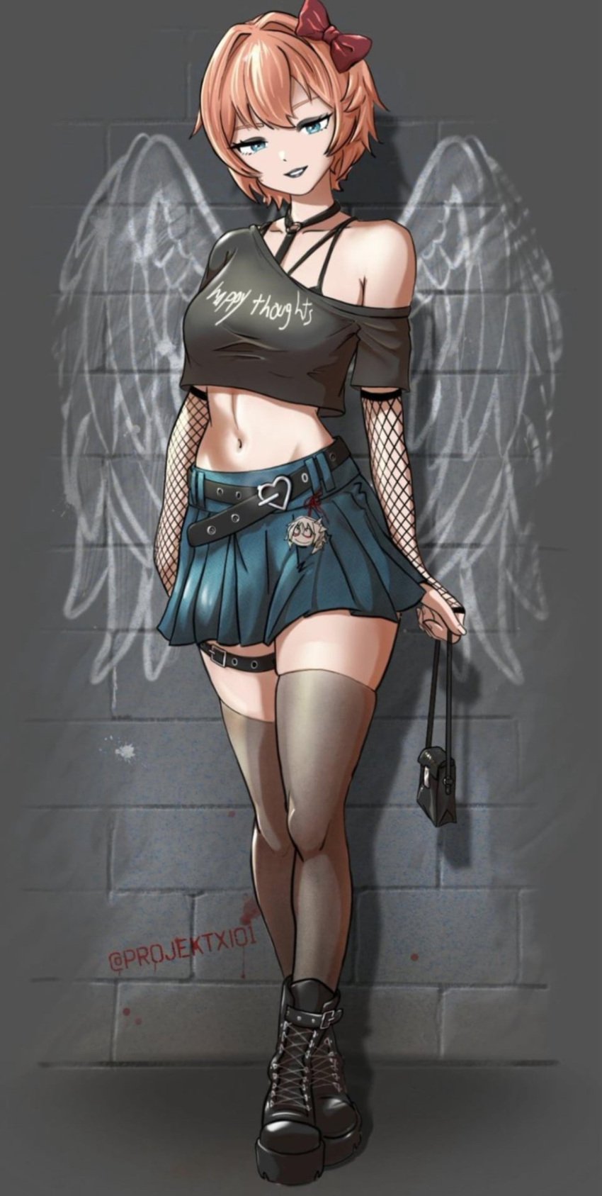 1female 1girls boots bow doki_doki_literature_club english_text female goth goth_girl hair_bow hairbow hot_as_fuck projektxi01 red_bow red_hair_bow red_hairbow sayori_(doki_doki_literature_club) skirt text text_on_clothing text_on_topwear