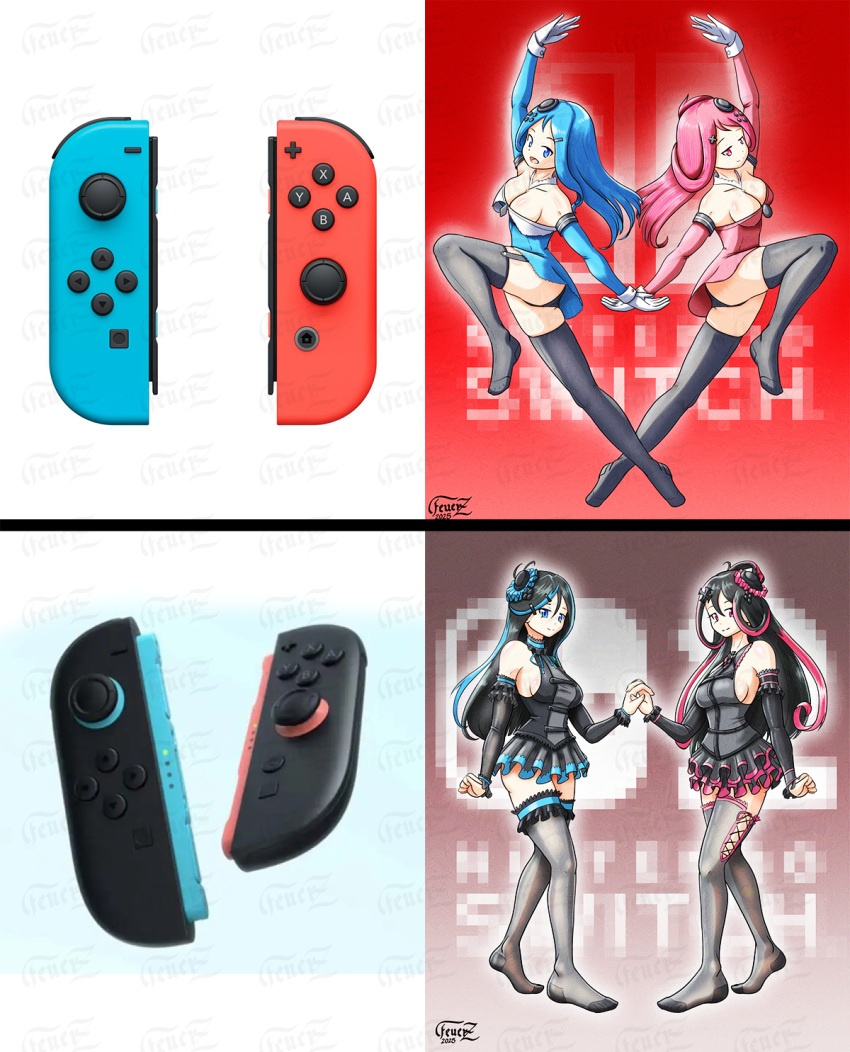 2girls blue_eyes blue_hair feuerz humanized joycon_controller looking_at_viewer pink_eyes pink_hair self_upload someone_else's_oc