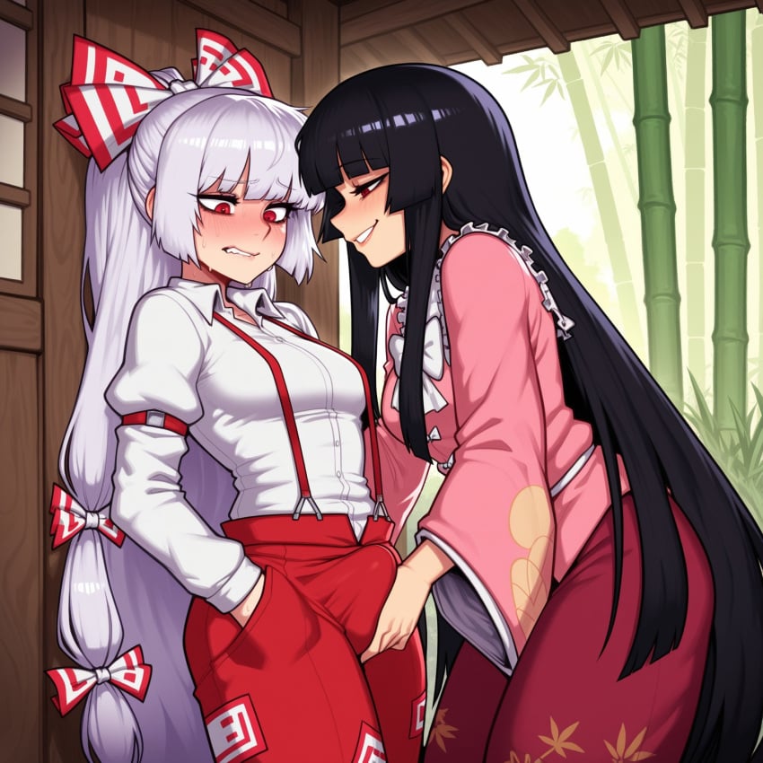 1futa 1girls against_wall ai_generated aroused bamboo black_hair blush breasts building bulge civitai crotch_grab erection_under_clothes fujiwara_no_mokou futa_with_female futanari half-closed_eyes hand_in_pocket kaguya_houraisan leaning_forward looking_at_another looking_down naughty_face nervous nervous_sweat ohhai223 outdoors red_eyes self_upload smirk touhou very_long_hair white_hair