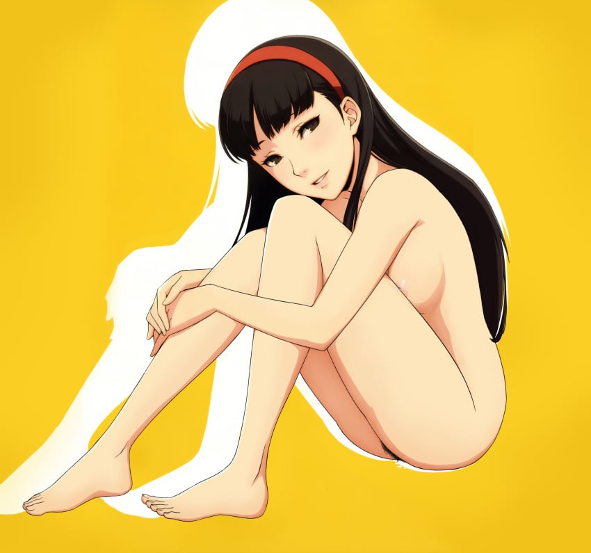 amagi_yukiko atlus barefoot black_eyes black_hair bodily_fluids breasts brown_eyes commission commissioner_upload completely_nude edit edited edited_official_artwork feet female female female_pubic_hair genital_fluids hairband headwear hugging_own_legs legs long_hair looking_at_viewer medium_breasts megami_tensei nipples nude nude_filter persona persona_4 pubic_hair ryusentzumi sitting small_breasts smile sogabe_shuuji soles solo third-party_edit toes vaginal_juice_drip vaginal_juices