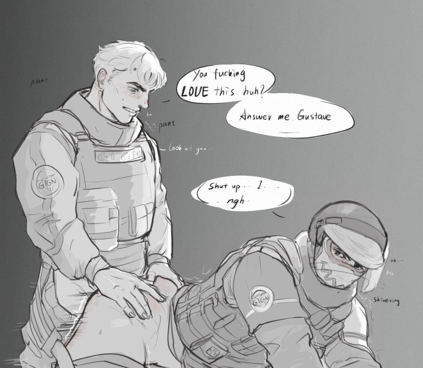 2boys 2males anal bottomless clothed clothed_sex cocky comic daddy dialogue doc_(rainbow_six) doggy_style gay gay_male gay_sex helmertschmidt lion_(rainbow_six) male_only manly masked masked_male no_color rainbow_six_siege sex speech_bubble speech_bubbles spreading tough_guy uniform verbal verbal_domination yaoi