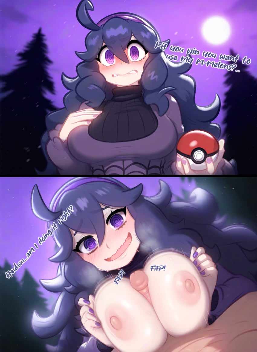 1boy 1girls absurd_res ai_generated breasts english_text female female_focus fluffylewdsai hex_maniac hi_res large_breasts looking_at_viewer nail_polish nintendo npc_trainer paizuri penis poke_ball pokeball pokemon pokemon_xy purple_eyes purple_hair purple_nails sex text