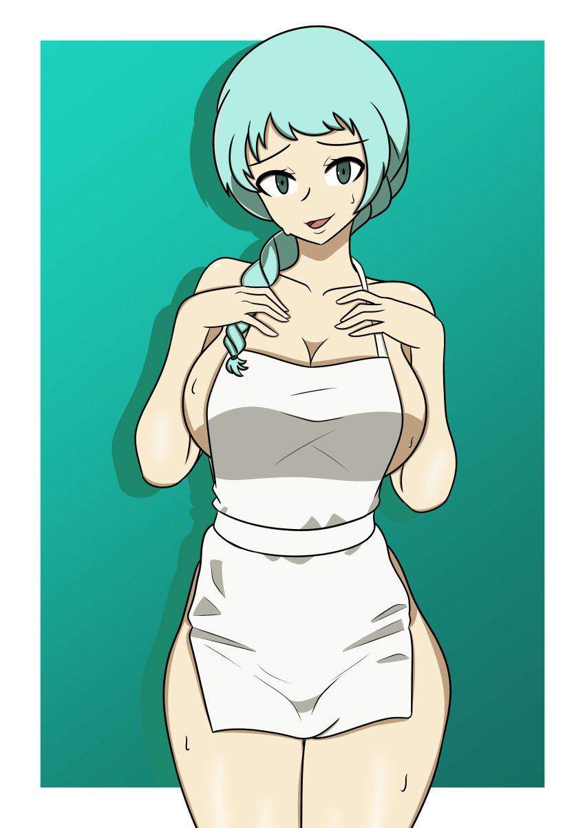 apron apron_only big_breasts blue_hair braided_hair fuuka_yamagishi green_eyes naked_apron persona persona_3 persona_4_arena sweat sweatdrop sweating yamagishi_fuuka