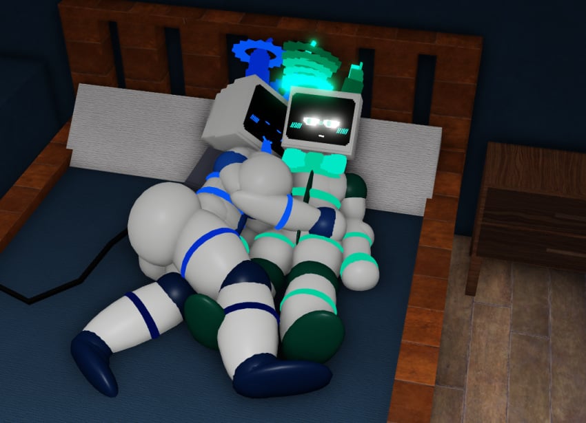 1boy1girl 3d bedroom bedside_table bowtie cord_tail glowing_markings goofylookin halo horns large_ass large_breasts laying_on_bed looking_at_partner pillows roblox sleeping source_request tired tv_head_robot