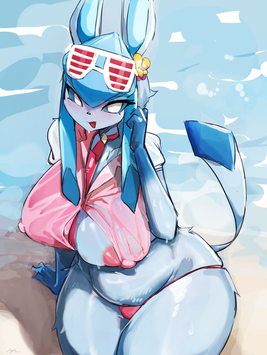 1girls absurd_res anthro anthro_only beach breasts chubby chubby_female eeveelution female female_only furry furry_only glaceon hi_res large_breasts looking_at_viewer my700 nintendo pokemon pokemon_(species) solo thick_thighs thighs water wide_hips