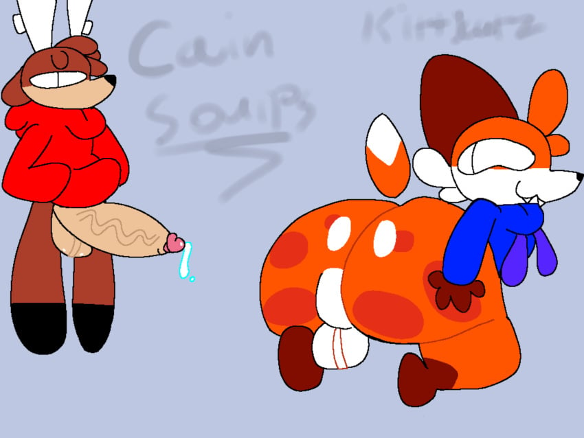 anthro antlers ass big_butt big_penis black_feet blue_clothing blue_jacket blue_topwear bodily_fluids brown_body brown_ears brown_feet brown_fur brown_hands cain_(superiorfoxdafox) canid canine clothing cum cum_drip deer dripping duo feet femboy floating_tail fox fur genital_fluids genitals hand_in_pocket hand_on_butt hi_res hoodie horn huge_butt huge_cock huge_ears jacket kittycatz kneeling looking_back male male/male mammal new_world_deer orange_body orange_fur orange_tail penis pockets red_clothing red_jacket red_topwear reindeer small_ears soups_(superiorfox) spots spotted_butt standing tail teeth teeth_showing topwear watermark white_penis white_tail