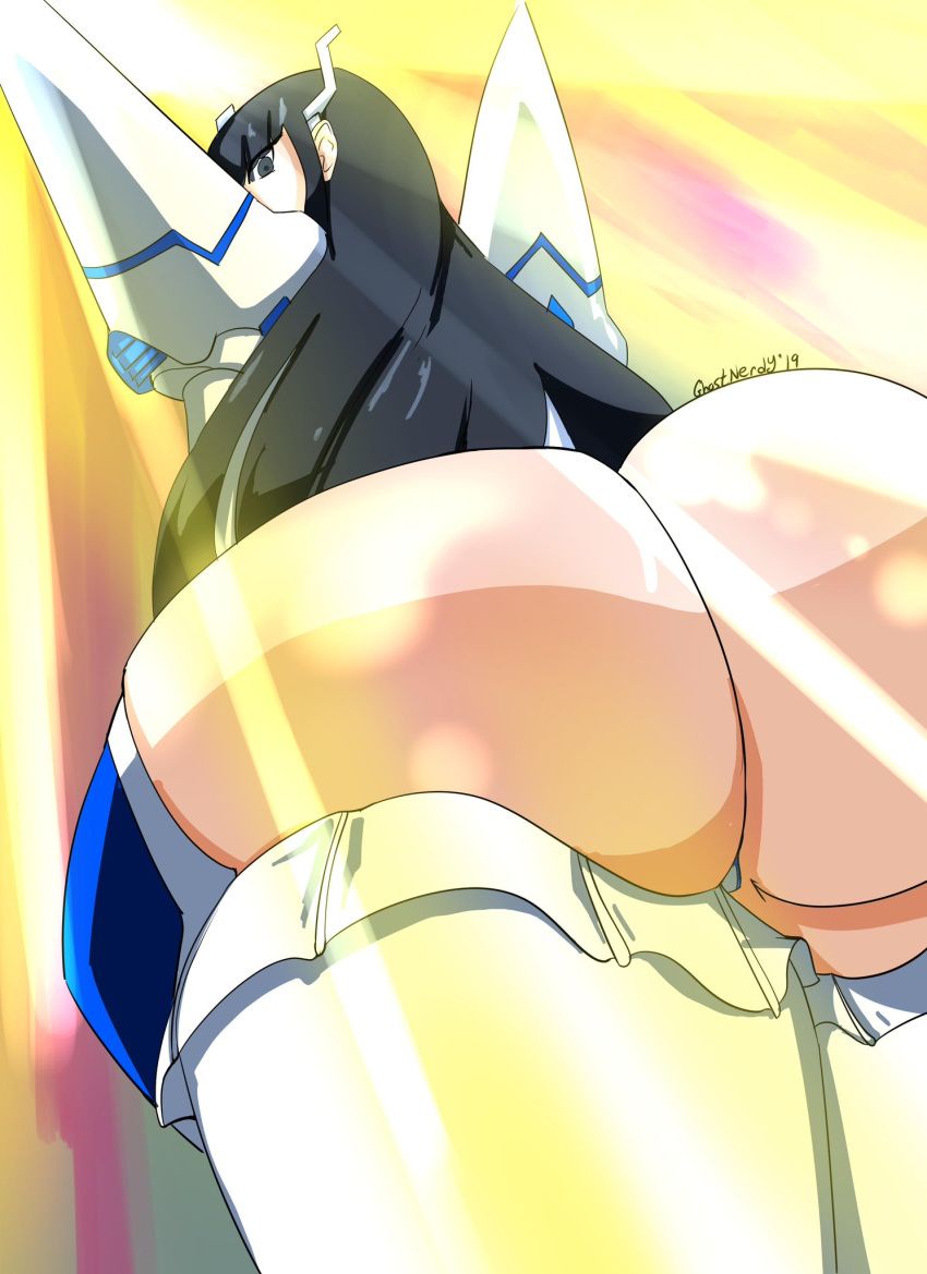 1girls armor ass ass_focus back_view big_ass black_hair dat_ass female female_only from_behind junketsu kill_la_kill kiryuuin_satsuki life_fiber looking_at_viewer looking_back shiny_skin