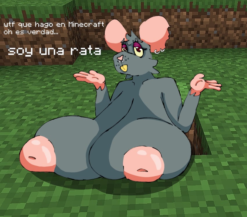 big_breasts confusion furry gray_fur minecraft rat_girl rodent_humanoid spanish_text