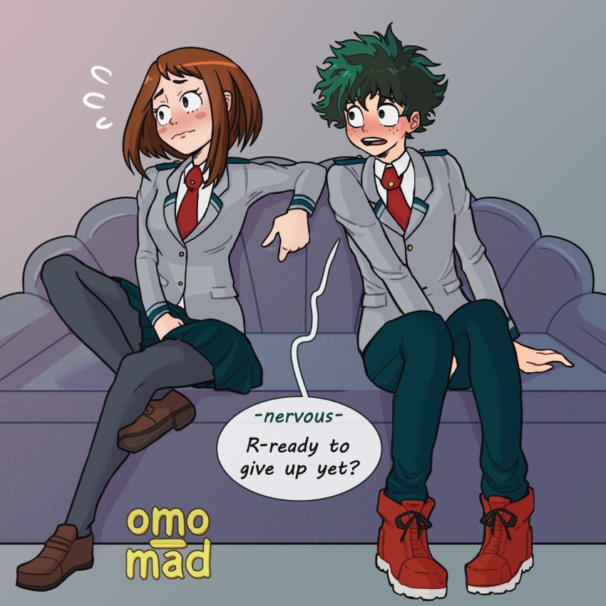 1boy1girl about_to_pee competitive_pee_holding contest couch have_to_pee midoriya_izuku my_hero_academia omo_mad omorashi pee_holding sitting sitting_on_couch uraraka_ochako