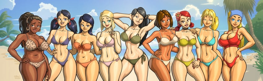 9girls arms_up beach black_hair blonde_hair blue_bikini blue_eyes bow bow_bikini breasts bridgette_(tdi) brown_eyes brown_hair cleavage courtney_(tdi) earrings emma_(tdi) female female_only flower_hair_ornament flower_in_hair green_bikini green_eyes hair hair_ornament hand_on_hip hands_on_hips heather_(tdi) kitty_(tdi) leopard_print leopard_print_bikini leshawna_(tdi) lindsay_(tdi) long_hair looking_at_viewer multiple_girls navel orange_bikini outdoors outside palm_tree palm_trees pink_bikini ponytail purple_bikini red_bikini samey_(tdi) short_hair side_tie_bikini simgart smile smiling_at_viewer swimsuit the_ridonculous_race total_drama:_pahkitew_island total_drama:_revenge_of_the_island total_drama_island twintails white_bikini zoey_(tdi)