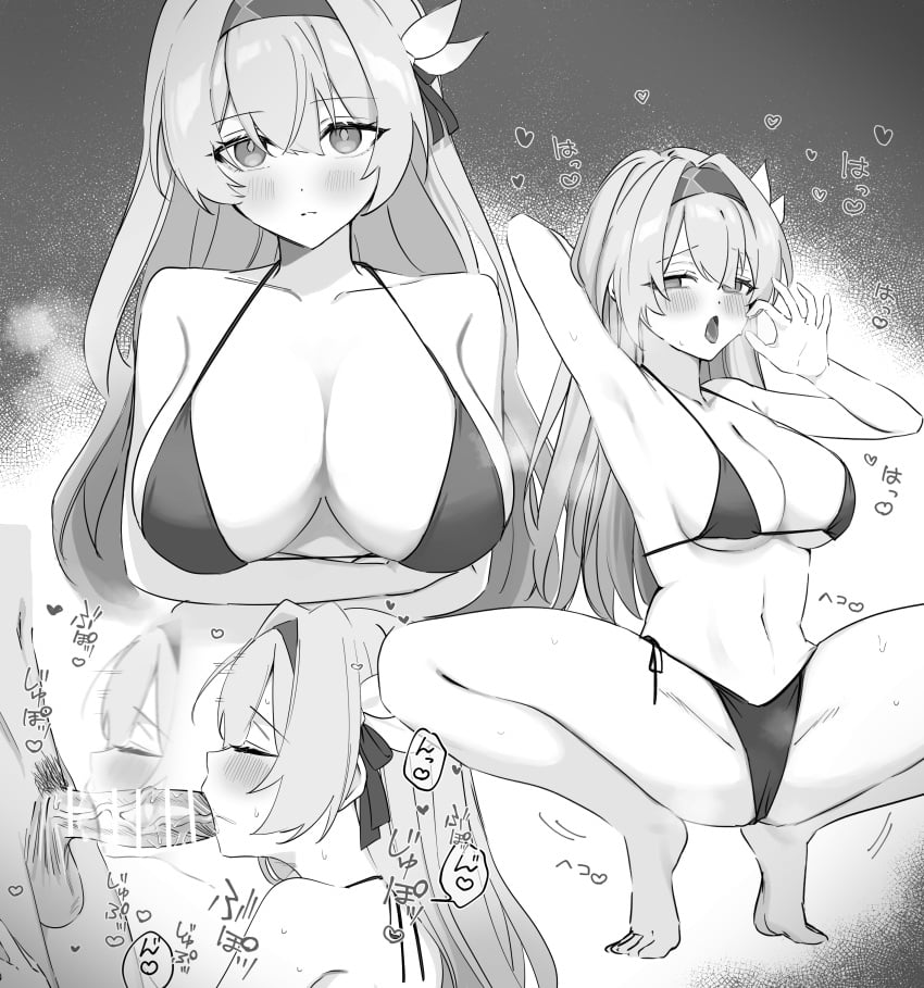 1boy absurdres arm_behind_head bar_censor bare_shoulders barefoot bikini blush breasts censored cleavage collarbone fellatio fellatio_gesture female firefly_(honkai:_star_rail) flower greyscale hair_between_eyes hair_flower hair_intakes hair_ornament hairband heart highres honkai:_star_rail honkai_(series) large_breasts long_hair looking_at_viewer monochrome multiple_views navel open_mouth oral parted_lips penis shioya_(mokuu_) spread_legs squatting straight sweat swimsuit tongue tongue_out