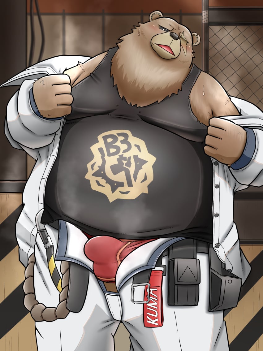 2024 absurd_res anthro bear belly ben_bigger big_belly bottomwear brown_body brown_fur bulge clothing fur hi_res inunodaidokoro kemono male male_only mammal mihoyo overweight overweight_male pants scar shirt solo topwear underwear zenless_zone_zero