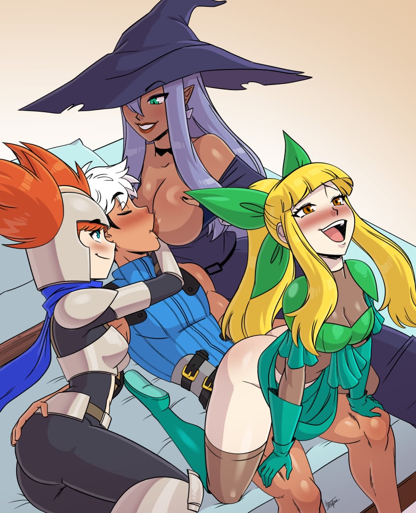 1boy 3girls aeolus06 ambiguous_penetration blonde_hair blue_eyes borrowed_character closed_eyes dark-skinned_female derpixon fandeltales fey_(derpixon) foursome fully_clothed grabbing green_eyes jean_(derpixon) maledom orange_hair rizella_(derpixon) source_request sucking_nipples tagme witch_hat