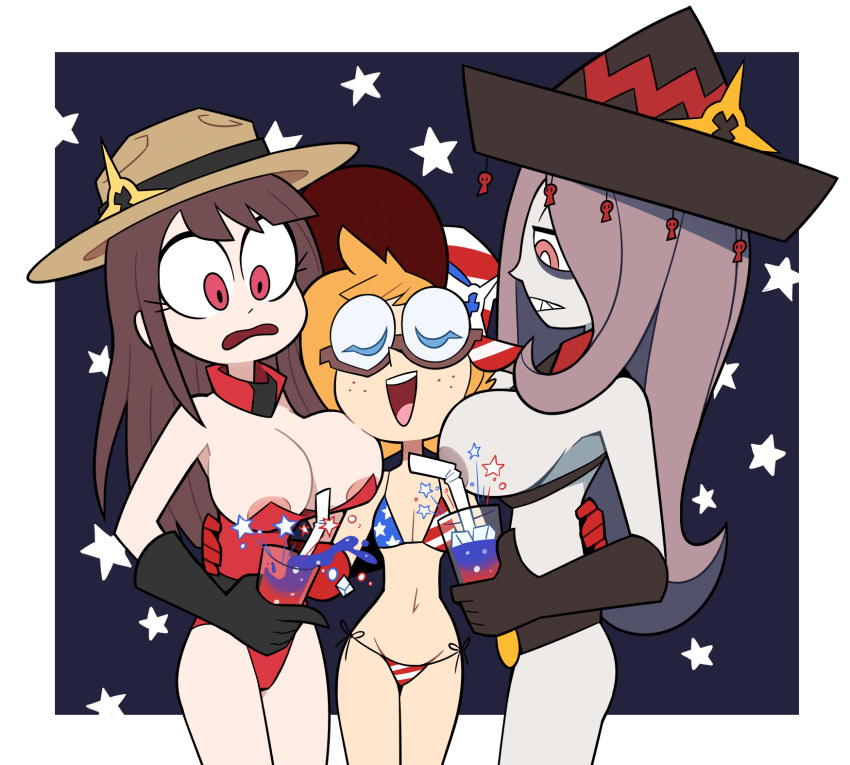 2019 3girls 4th_of_july akko_kagari american_flag american_flag_bikini american_flag_hat atsuko_kagari big_breasts blonde_hair blue_eyes breasts brown_hair clothing female female_only glasses hat kagari_atsuko little_witch_academia long_hair lotte_yansson miscon mountie nipples police purple_hair purple_skin rcmp red_eyes royal_canadian_mounted_police short_hair simple_background smile sucy_manbavaran uniform