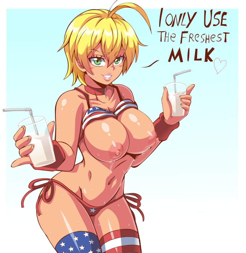 1girls american_flag american_flag_bikini american_flag_legwear areolae big_breasts breast_milk breasts female female_only gyaru lactation large_breasts lewdamone looking_at_viewer milk mito_ikumi navel nipples shokugeki_no_souma thighhighs