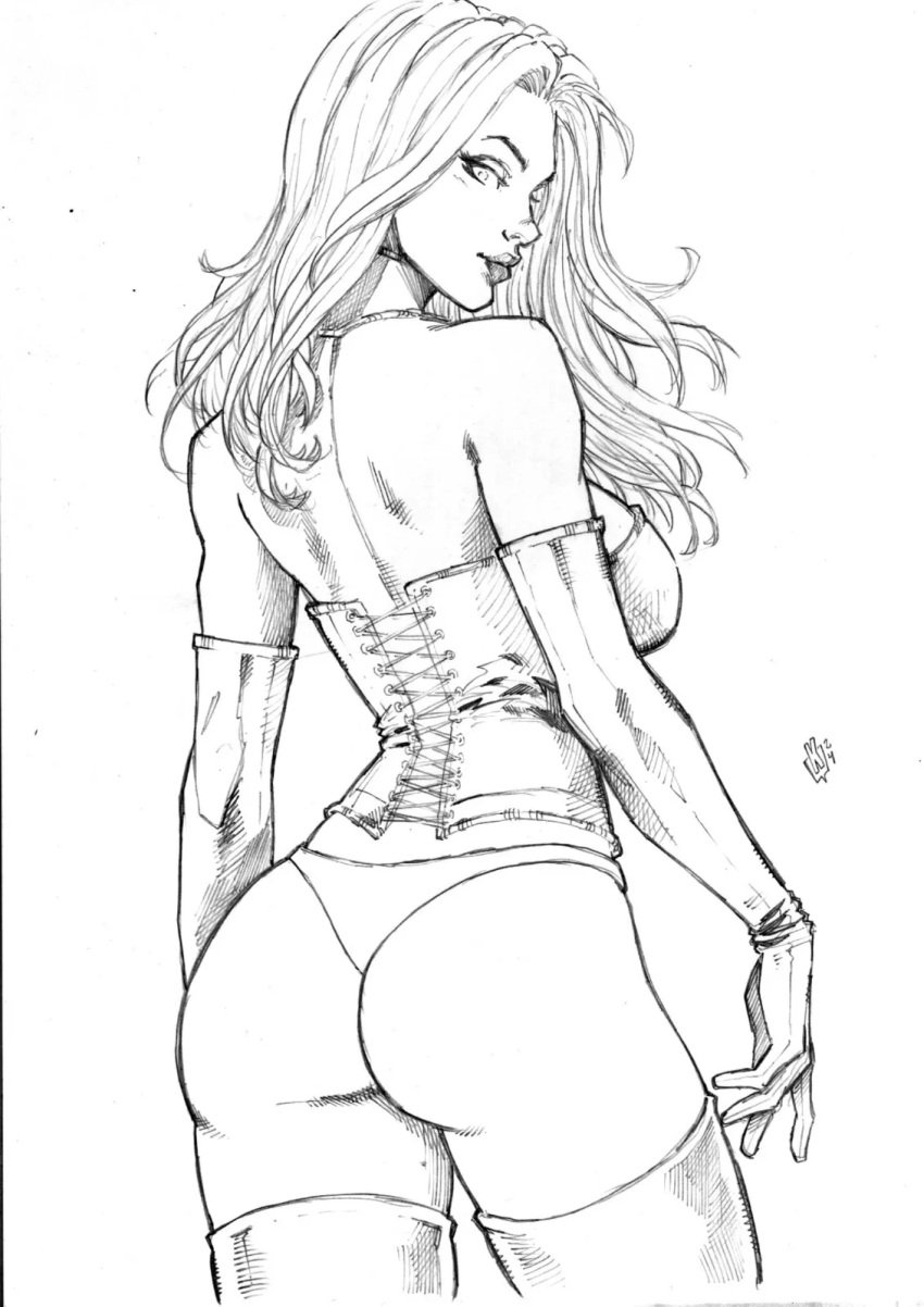 ass ass_focus black_and_white breasts cleavage corset ed_benes_studio emma_frost hellfire_club klin_(artist) marvel marvel_comics panties thighhighs thong thong_panties white_queen x-men