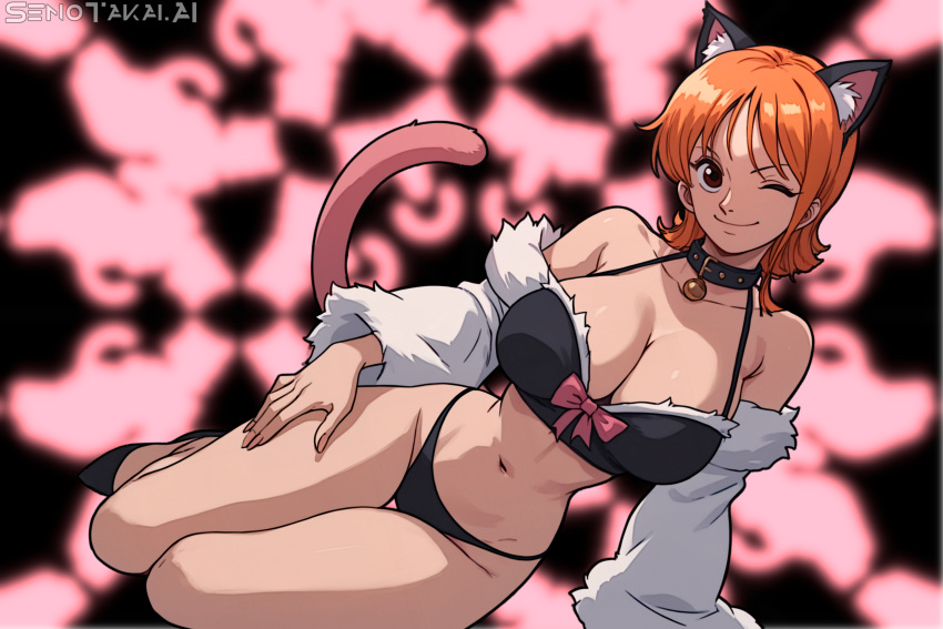 1girls ai_generated bare_arms bare_legs bare_shoulders bare_thighs big_breasts bikini bikini_bottom bikini_top cat_ears cat_tail clothed clothing color female female_focus female_only hi_res large_breasts light-skinned_female light_skin looking_at_viewer nami nami_(one_piece) one_piece orange_eyes orange_hair senotakai_ai short_hair shounen_jump solo solo_female tagme thick_thighs