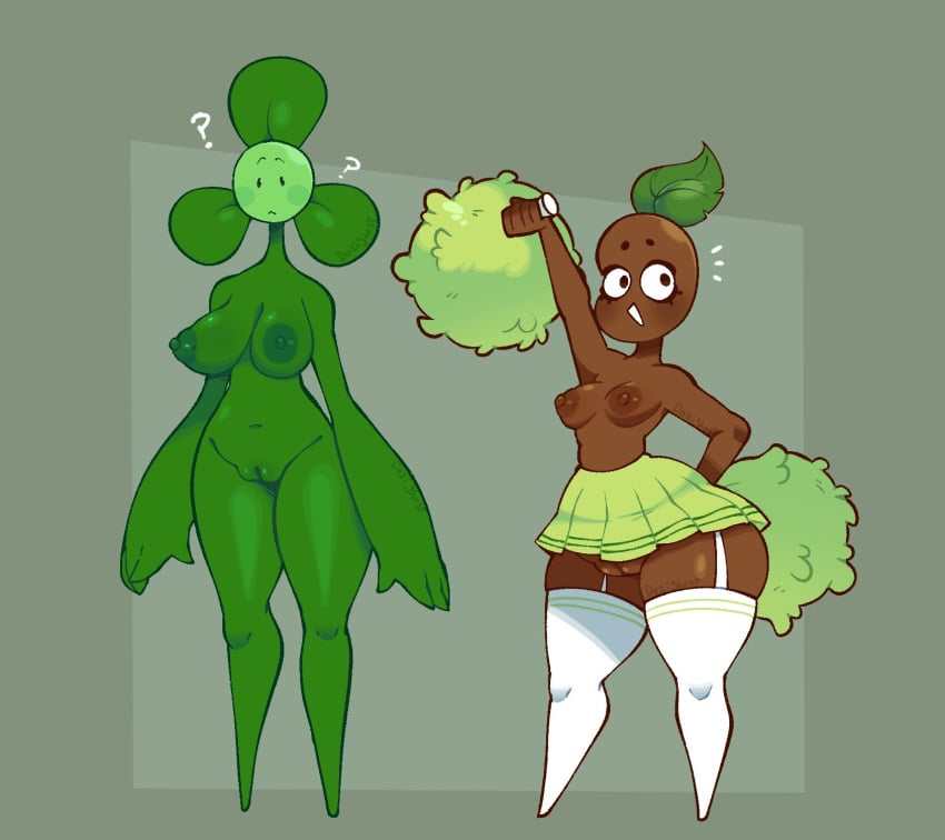 2girls ? anthro_only ass beady_eyes belly_button blover_(pvz) breasts brown_skin cheerleader coffee coffee_bean_(pvz) confusion dark_skin dot_eyes dozighost electronic_arts energetic female flora_fauna green_skin larger_female long_arms long_legs multiple_girls plant plant_girl plant_humanoid plants plants_vs._zombies plants_vs_zombies pom_poms popcap_games pussy pvz skirt thick_thighs thighhighs vagina wholesome