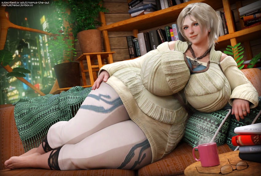 1girls 3d big_ass big_breasts blonde_hair blush book bookshelf curvy emerald_eyes final_fantasy final_fantasy_xiii freckles glasses grey_hair hand_on_hip huge_ass huge_breasts laying_on_side milf mug nora_estheim rasmus-the-owl ring sofa square_enix thick_thighs wide_hips