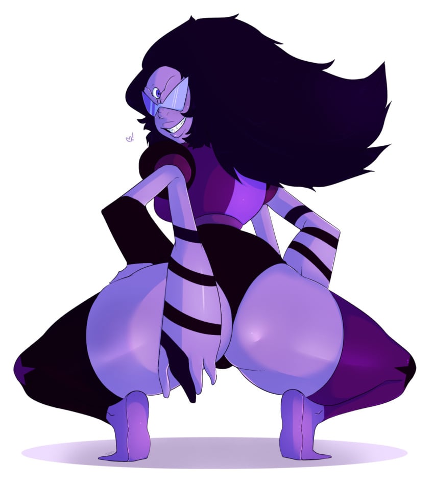 <3! 2016 3_eyes 4_arms ass asymmetrical_clothes barefoot big_ass black_hair black_legwear chikkibug clothed color female female_only fusion gem_(species) gem_fusion hand_on_hip hand_on_thigh heart hi_res high_resolution highres legwear leotard long_hair looking_at_viewer looking_back looking_over_shoulder multi_arm multi_eye multi_limb plain_background purple-tinted_eyewear purple_eyes purple_legwear purple_skin rear_view sharp_teeth smirk solo solo_female spoken_heart squatting steven_universe sugilite_(steven_universe) thick_thighs thighs tinted_eyewear visor white_background