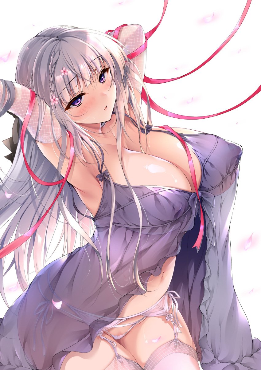 absurdres arm_behind_head arm_up armpits babydoll blush braid breasts cleavage commentary_request covered_erect_nipples elbow_sleeve female flower garter_belt garter_straps hair_flower hair_ornament highres large_breasts lingerie long_hair navel ninoko original panties parted_lips purple_eyes pussy pussy_peek red_ribbon ribbon sakurase_shino_(ninoko) see-through_clothes silver_hair sleepwear solo thighhighs thighs underwear white_panties white_thighhighs