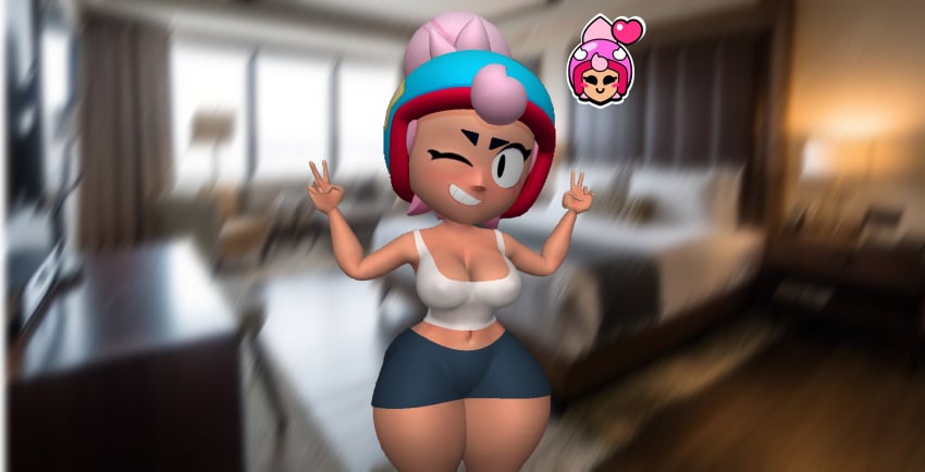 3d_model ;) big_breasts big_hips black_eyes brawl_stars closed_eye first_post_of_artist heart helmet janet_(brawl_stars) pink_hair prisma3d room shirt smiling