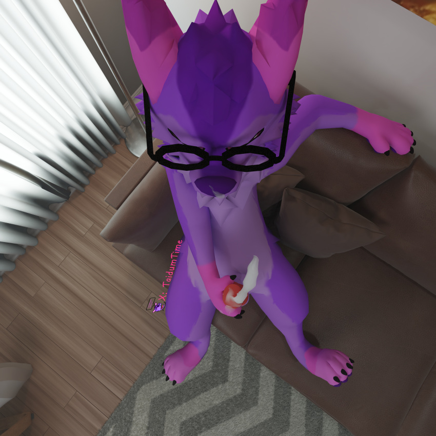 absurd_res anthro bodily_fluids canid canine canis cum cum_on_face cum_on_penis cumshot ejaculation eyewear fur furniture genital_fluids genitals glasses hi_res huge_filesize knot linnie_(taidumtime) male mammal masturbation penis purple_body purple_fur round_glasses sitting sofa solo taidum taidumtime wolf