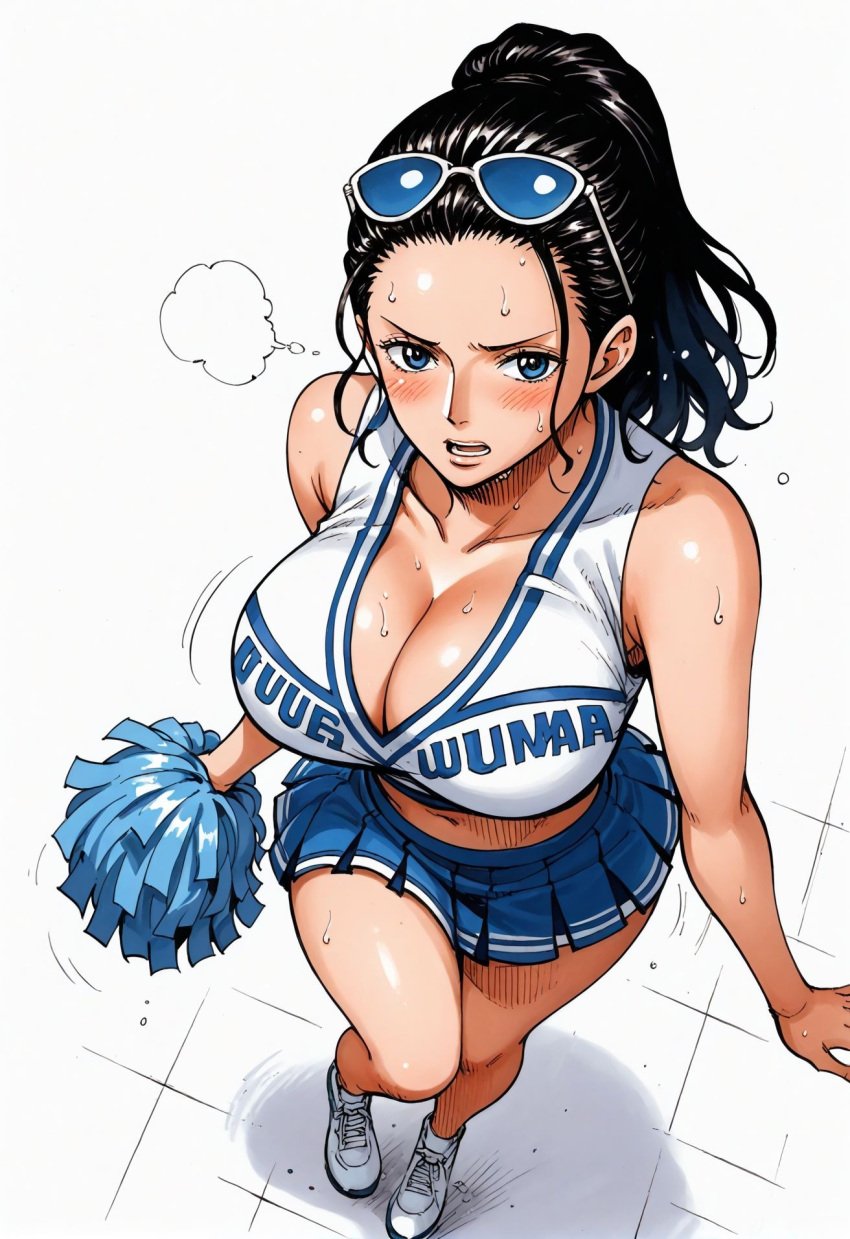 ai_generated alluring almost_naked almost_nude big_breasts blue_eyes breasts cheerleader cheerleader_outfit cheerleader_uniform cheerleading_uniform female female_only looking_at_viewer nico_robin one_piece seducing seduction seductive seductive_body seductive_eyes seductive_gaze seductive_look seductive_mouth seductive_pose sunglasses sunglasses_on_head sweat sweatdrop sweating sweaty sweaty_body thick_thighs voluptuous voluptuous_female yashin