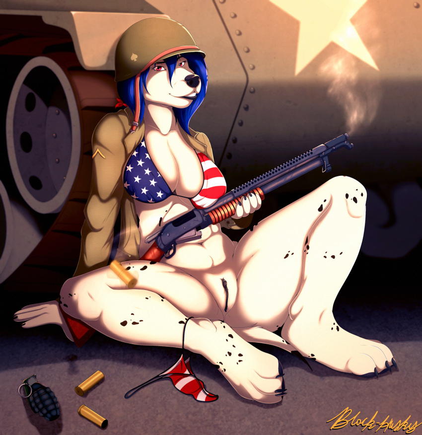 2019 4_toes 5_fingers anthro barefoot bikini black-husky black_pussy blue_hair breasts canid canine canis clitoris clothing dalmatian detailed_background digital_media_(artwork) domestic_dog female fingers fur furry furry_only gun hair hi_res holding_object holding_weapon looking_at_viewer mammal navel pussy ranged_weapon shotgun sitting smile solo spread_legs spreading swimwear tail tank toes vehicle weapon winchester_model_1897