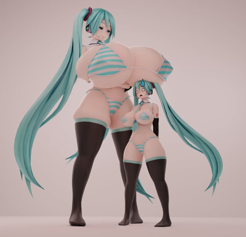 2girls 3d 3d_(artwork) bigger_female bikini blue_hair giantess hatsune_miku hatsune_miku_(collared_bikini) huge_breasts jinouga97 thick_thighs thighhighs vocaloid