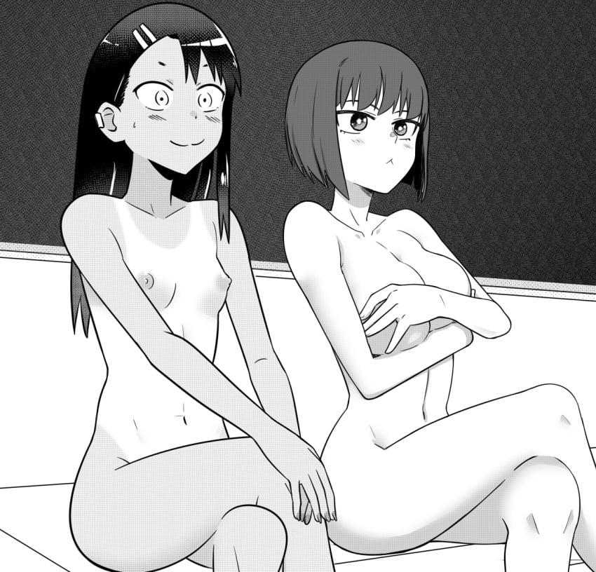 2girls ass black_hair breasts female female_only hana_sunomiya hayase_nagatoro human long_hair monochrome multiple_girls naked nude please_don't_bully_me,_nagatoro pussy tanned