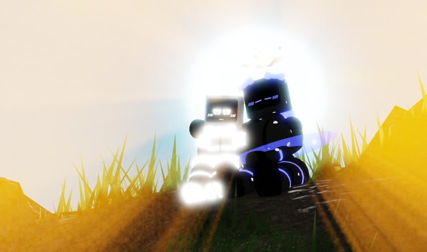 1boy1girl 3d arm_around_shoulder bowtie closed_eyes female female_focus glowing_markings goofylookin heart-shaped_pupils neutral_expression roblox source_request sunset tagme tv_head_robot