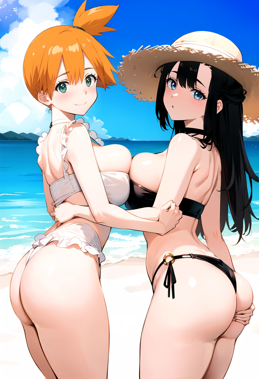 2girls ai_generated ass asymmetrical_hair back bangs bare_arms bare_shoulders beach bikini bikini_bottom black_bikini black_choker black_hair black_swimsuit blue_eyes blue_sky blush breast-to-breast breast_press breasts brown_headwear choker cleavage closed_mouth clothing cloud cowboy_shot day female frilled_bikini frilled_swimsuit frills from_behind green_eyes hair_between_eyes hat headwear high_resolution horizon huge_ass hzgzhzgz kasumi_(pokemon) large_ass large_breasts legs long_hair looking_at_viewer looking_back multiple_girls o-ring o-ring_bikini ocean orange_hair outdoors parted_lips pokemon pokemon_character pokemon_rgby pokemon_species ponytail shiny short_hair side-tie_bikini_bottom side-tie_clothing side-tie_swimsuit side_ponytail sideboob skindentation sky smile standing strapless strapless_bikini strapless_swimsuit straw_hat sun_hat swimsuit symmetrical_docking thick_ass thick_thighs thighs thong thong_bikini thong_swimsuit tied_hair very_high_resolution water white_bikini white_swimsuit