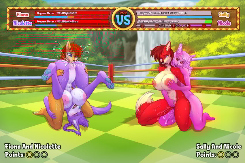 5_fingers anthro archie_comics ass big_breasts blue_eyes blush bodily_fluids breasts brown_body brown_fur canid canine chipmunk clothing colored competition cunnilingus digital_creature digital_drawing digital_media duo felid feline female female/female fighting_ring fingering fingers fiona_fox fox from_behind_position fur gameplay_mechanics genital_fluids genitals ground_squirrel gui hair health_bar hi_res huge_breasts large_breasts lynx mammal multicolored_body muscular muscular_female muscular_on_muscular mustelid musteline nicole_the_lynx nicolette_the_weasel nipples nude open_mouth oral orgasm overclocked_nicole pink_body pink_fur precum purple_body pussy red_body red_eyes red_fur rodent sally_acorn sciurid sega sex sexual_competition sexual_fight shaded sonic_(series) sonic_the_hedgehog_(archie) sonic_the_hedgehog_(comics) sonic_the_hedgehog_(series) sweat tail text therealaisek tongue tongue_out true_musteline upside-down vaginal_penetration vulva weasel white_hair yuri