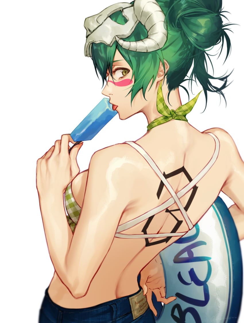 absurdres alternate_costume alternate_hairstyle arrancar back_tattoo bikini bleach breasts commentary_request copyright_name denim facial_mark female from_behind green_hair hair_between_eyes hair_bun halterneck highres holding holding_swim_ring ice_cream_bar ihsekodwww innertube jeans large_breasts licking long_hair looking_at_viewer looking_back mask nelliel_tu_odelschwanck number_tattoo pants plaid_bikini plaid_clothes sideboob skull_mask skull_on_head solo swim_ring swimsuit tattoo white_background yellow_eyes