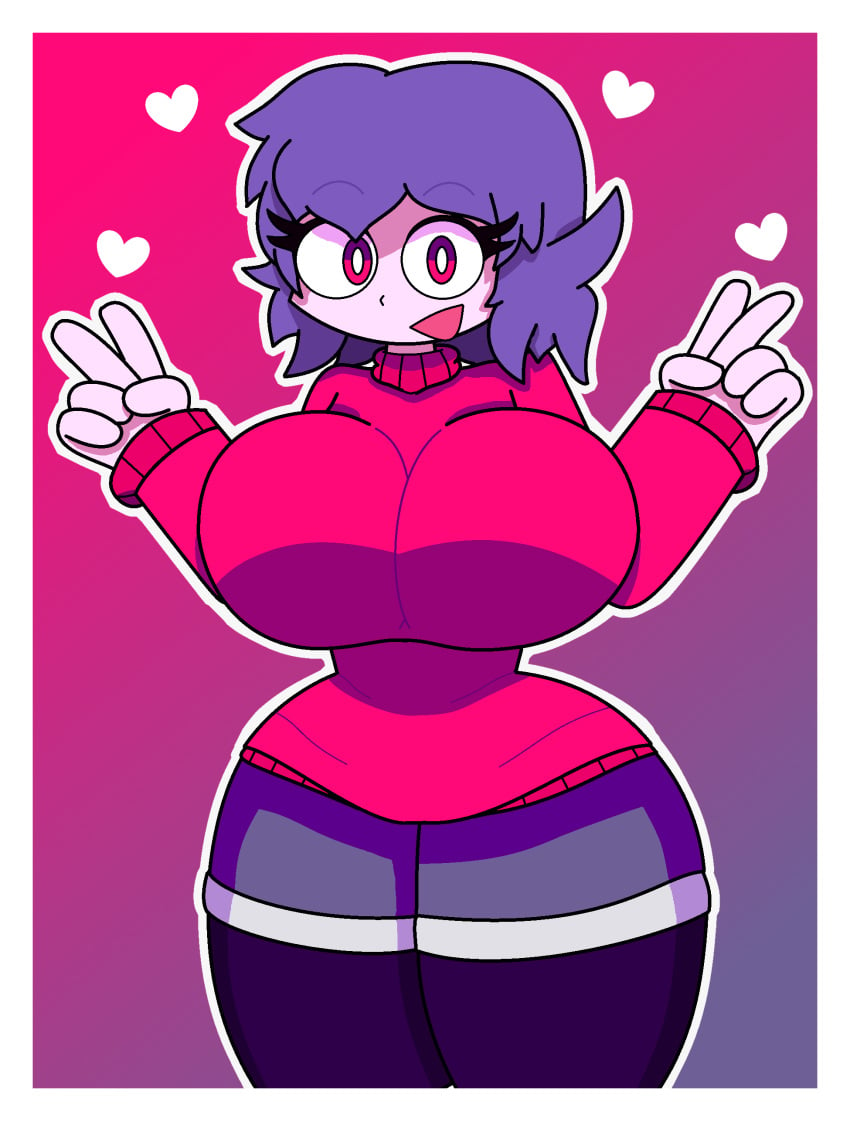 big_breasts big_thighs female female heart huge_thighs ichigo_inoue_(sunrisenew) oc original_character peace_sign purple_hair red_eyes red_sweater shorts sweater verdoshonsfw voluptuous white_skin